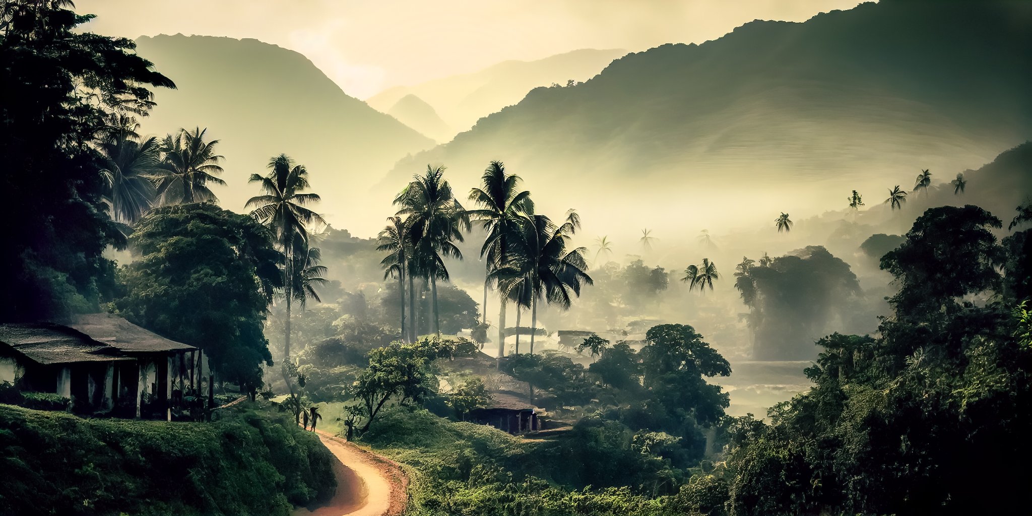 Misty jungle road with palm trees