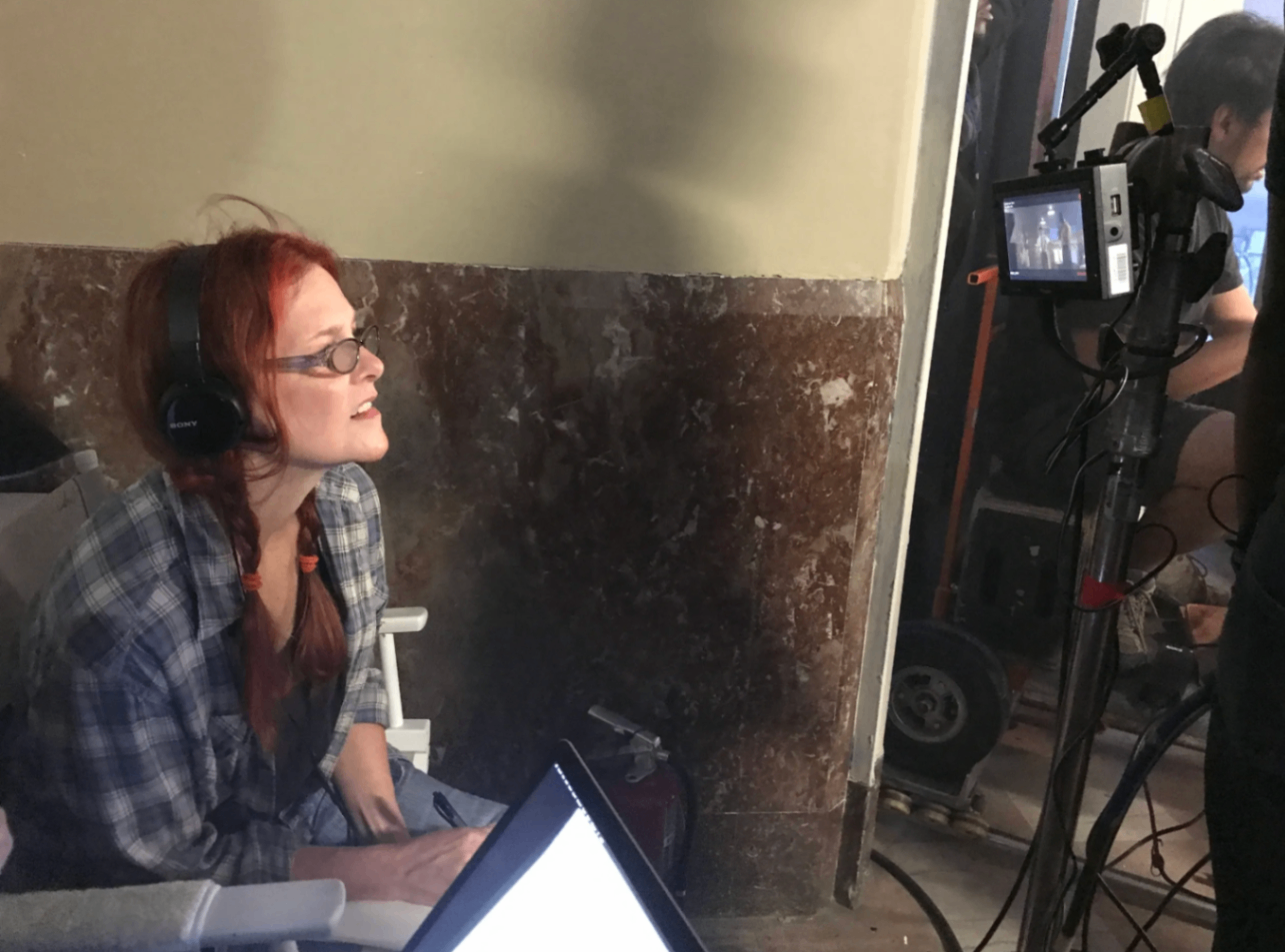 Anne Welles reviewing playback on the monitor