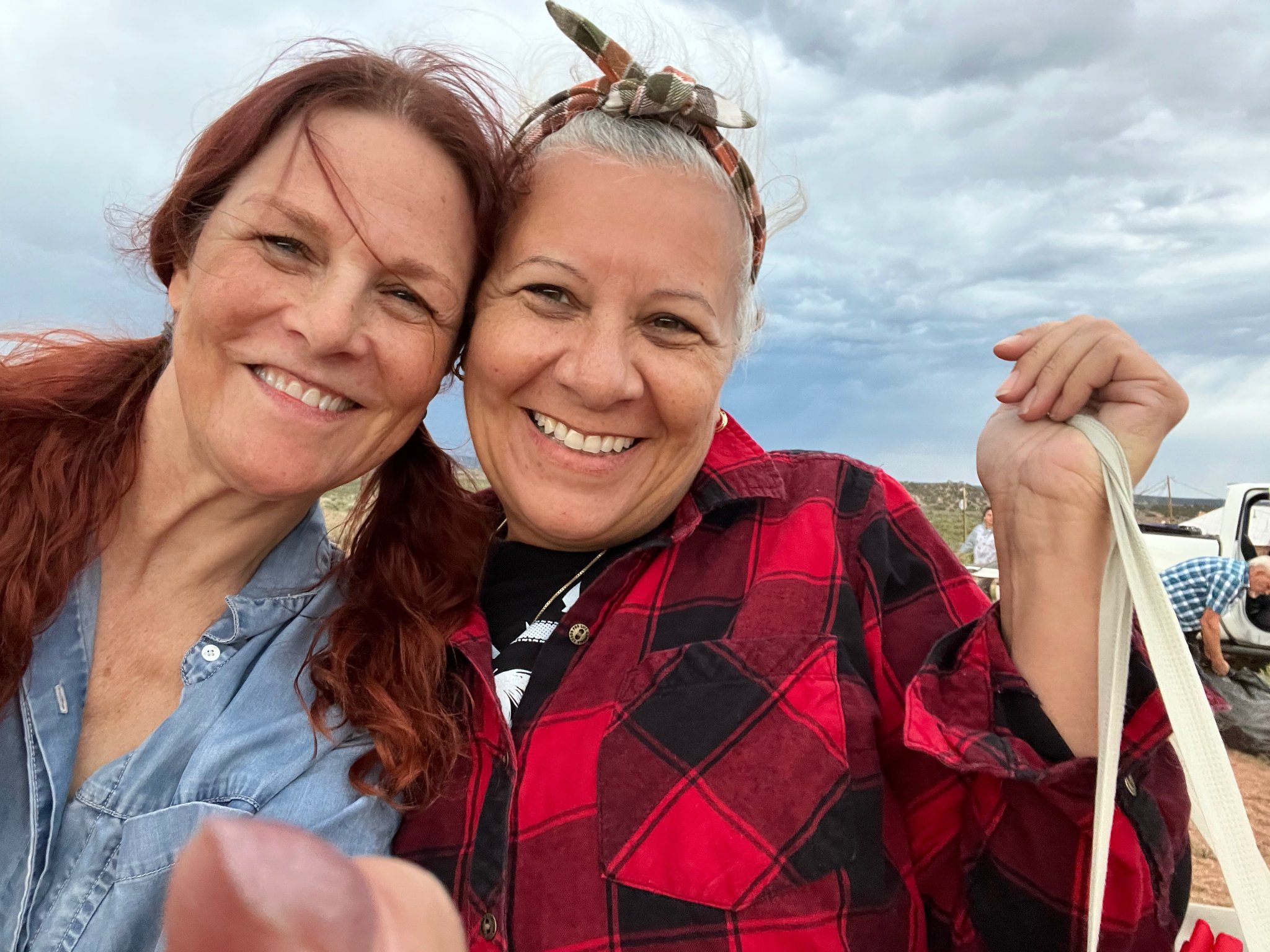 Anne Welles and crew member selfie on location