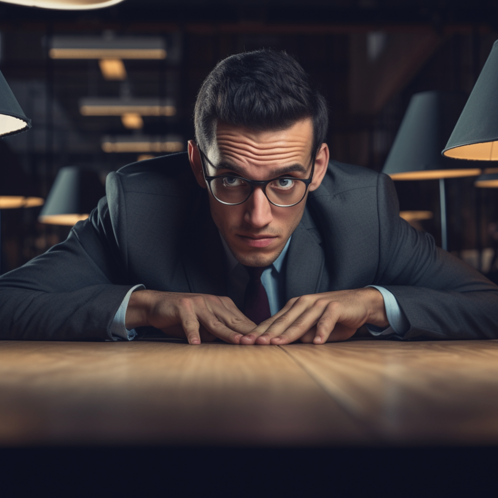 Nerdy businessman peering under a table